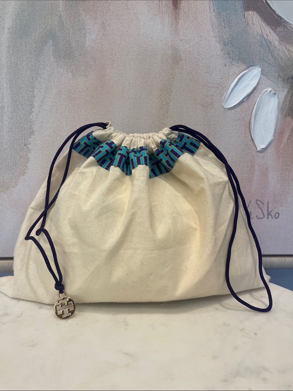 Tory Burch Cream Canvas Drawstring Pouch with Teal Patterned Trim - 13” x 10”